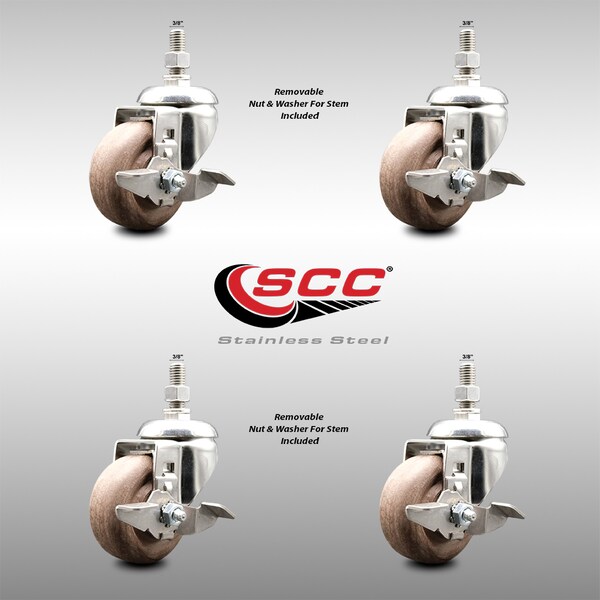 Service Caster 3.5 Inch 316SS High Temp Glass Filled Nylon 3/8 Inch Stem Caster Set Brake SCC SS316TS20S3514-GFNSHT-TLB-381615-4 - main